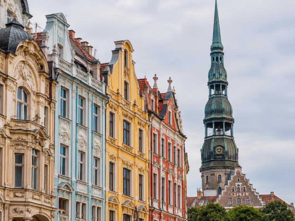 Colourful art nouveau buildings and church spire in Riga, Latvia