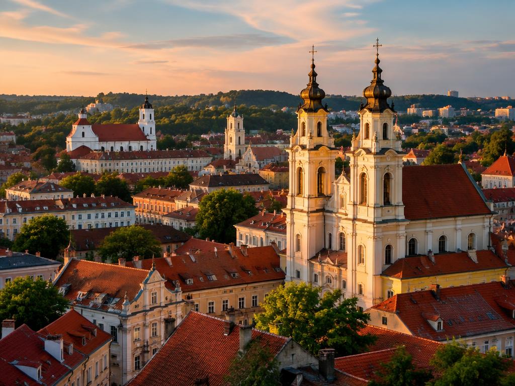 Baroque church towers and red rooftops of Vilnius old town, Lithuania