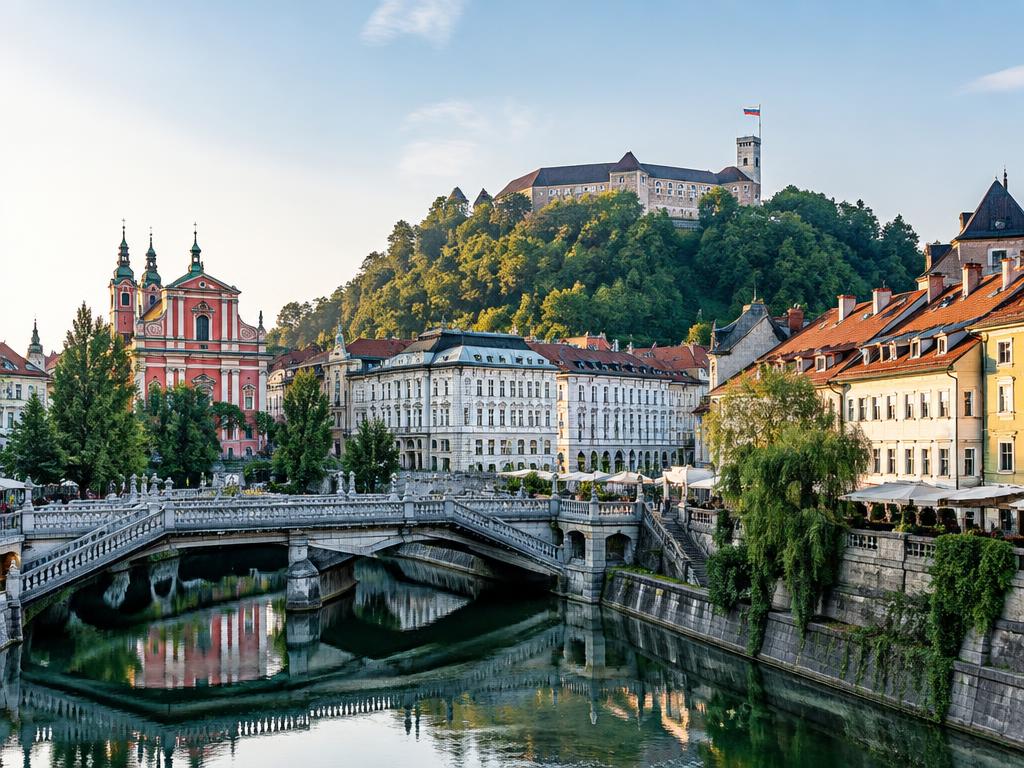 Ljubljana old town with Triple Bridge and castle on the hill in Slovenia